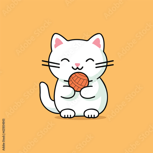 Vector cute cat playing yarn ball, cartoon vector icon illustration