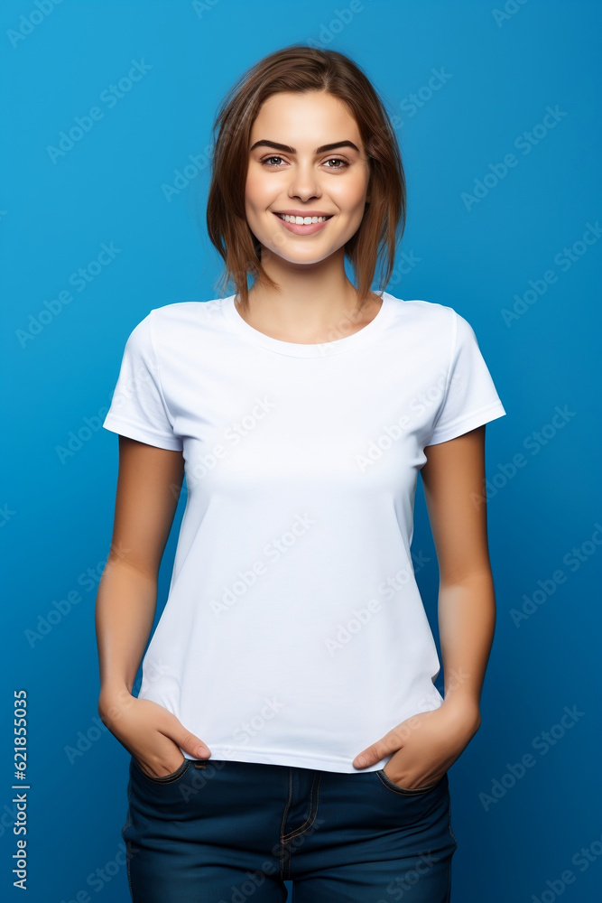 Woman wearing a white t-shirt Design t-shirt template, print presentation mockup Woman wearing a white t-shirt Design t-shirt template, print presentation mockup