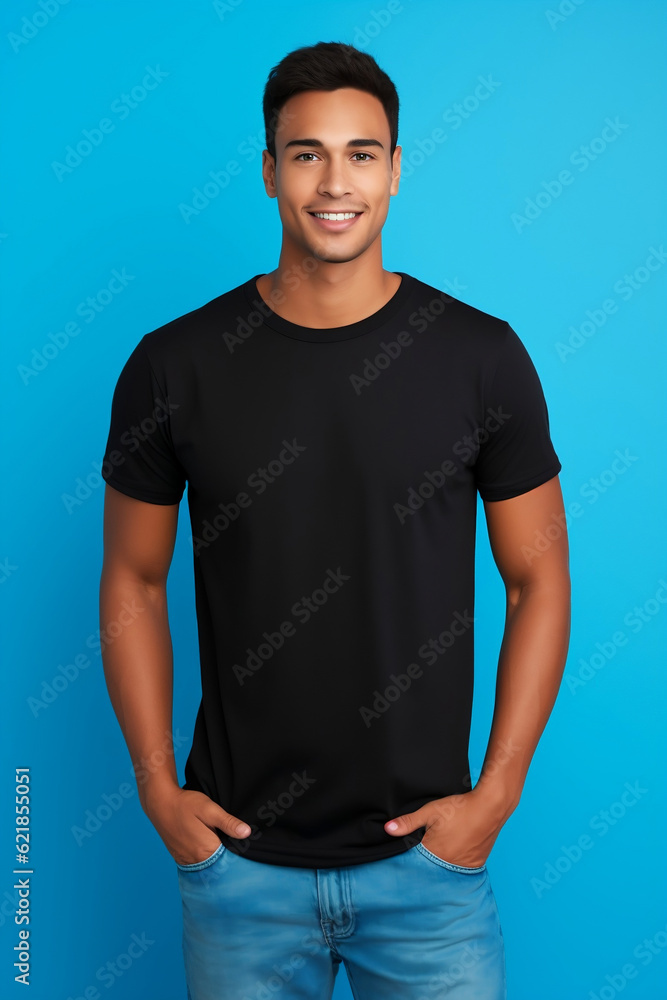 Man wearing a back t-shirt Design t-shirt template, print presentation mockup Man wearing a back t-shirt Design t-shirt template, print presentation mockup