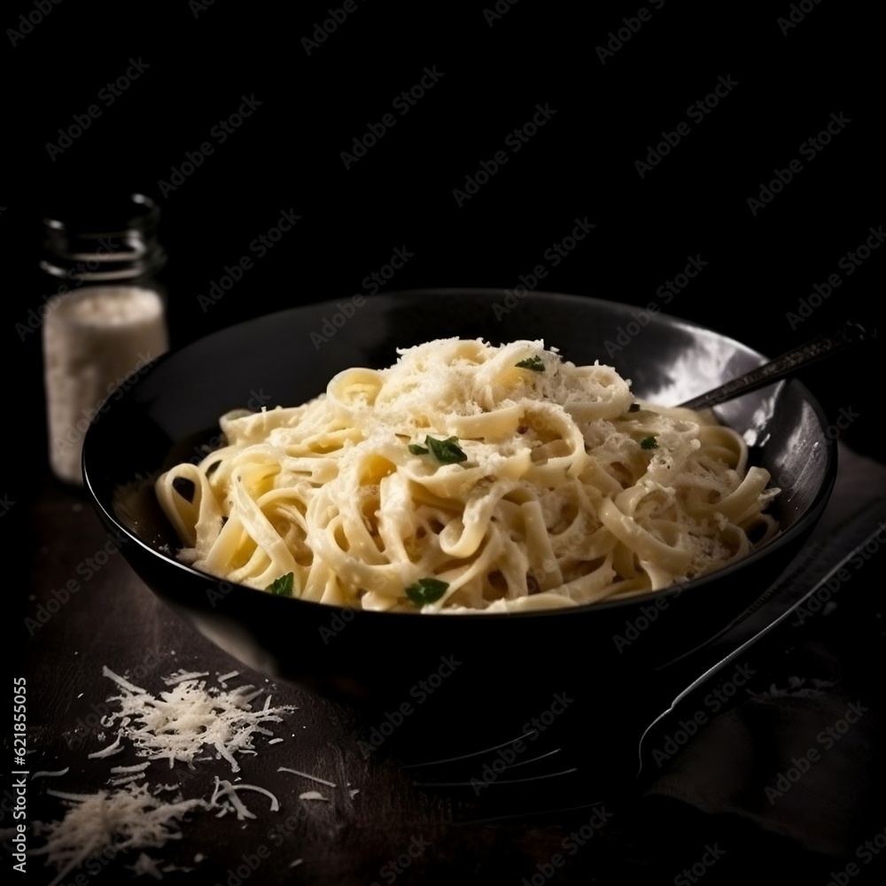 Fettuccine alfredo with parmesan cheese isolated on black background generative ai Fettuccine alfredo with parmesan cheese isolated on black background generative ai