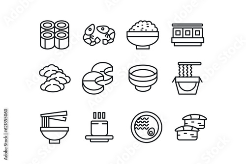Japanese food icons set outline vector. Japan tempura. Asia mochi