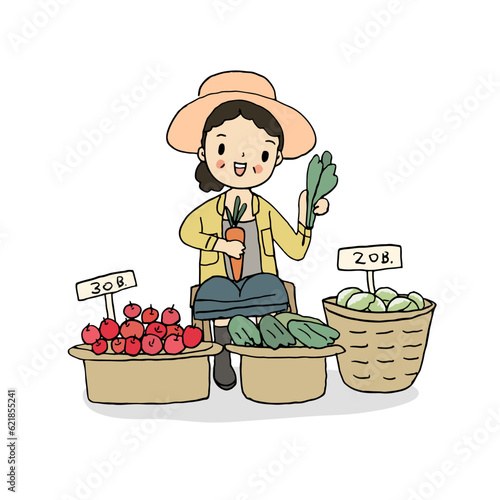 Lady gardener selling fresh fruits and vegetables at local market. Hand drawn style vector illustration.