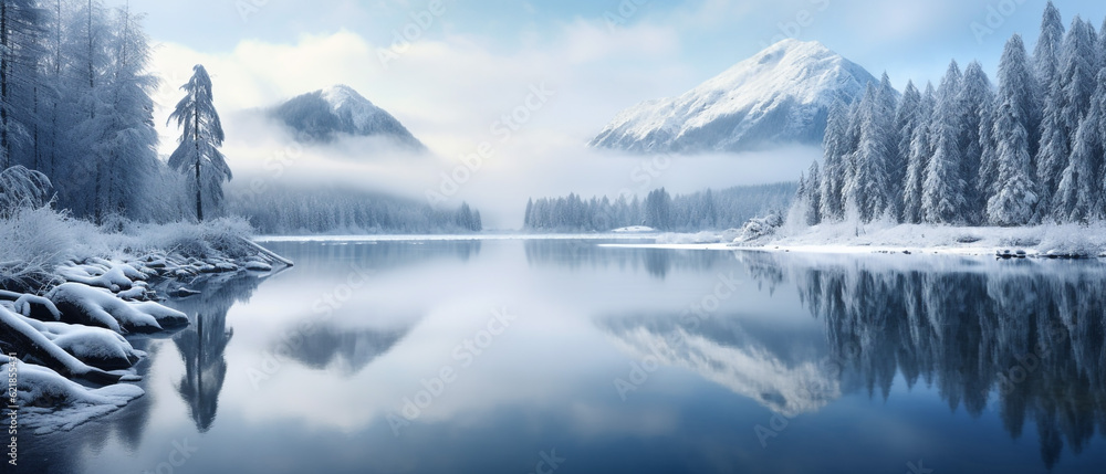 Winter landscape with reflection in the water