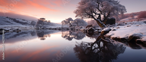 Winter landscape with reflection in the water