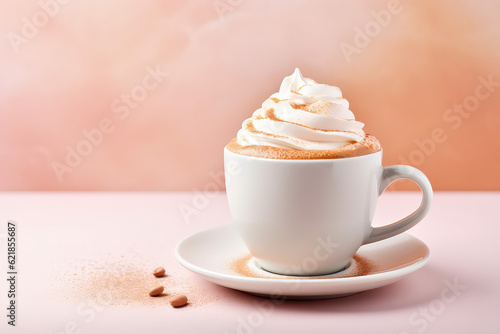 White ceramic cup, delicious sweet cappuccino coffee with lush crema and whipped milk cream and powdered chocolate. Isolated on pastel pink background with copy space.. Generative AI banner template.