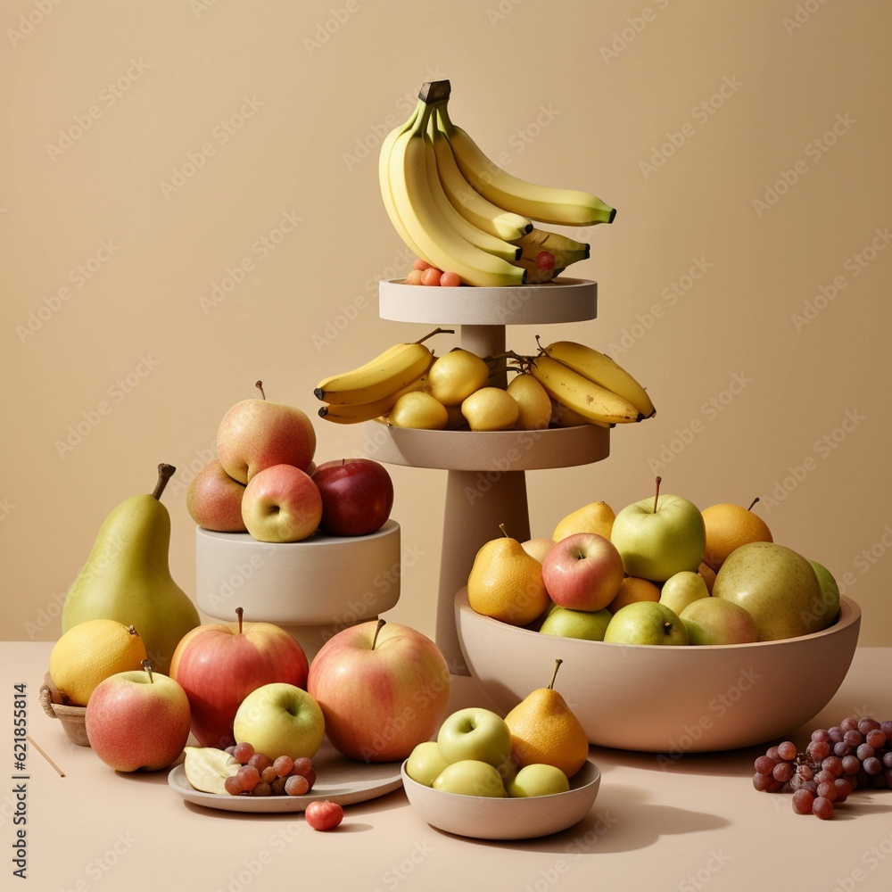 Fruit arrangement on beige background with apples, pears and bananas Fruit arrangement on beige background with apples, pears and bananas
