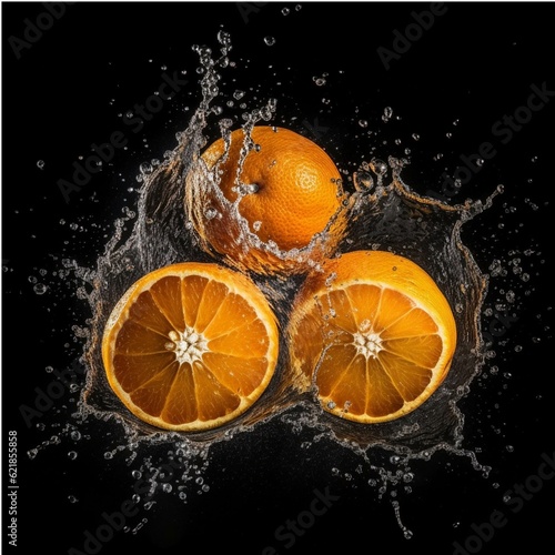 Orange fruit with water splash isolated on black background. Clipping path