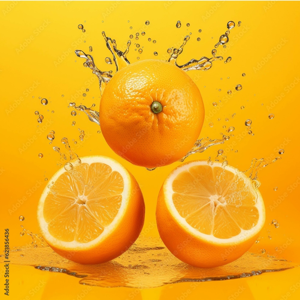 Orange fruit with water splash isolated on orange background. Clipping path Orange fruit with water splash isolated on orange background. Clipping path