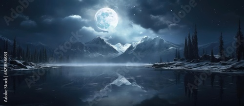 Forest, lake, mountains and a big night moon