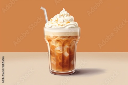Iced coffee with whipped cream in glass on orange background. 3d illustration