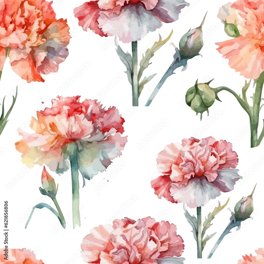 Seamless pattern with pink carnations. Watercolor carnations seamless pattern. Vector illustration
