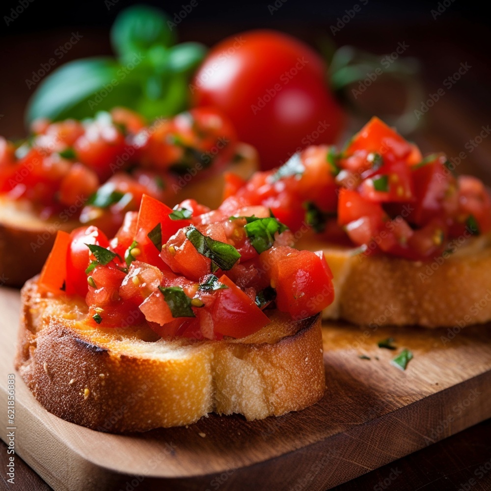 Bruschetta with tomatoes, basil and olive oil on wooden board