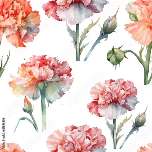 Seamless pattern with pink carnations. Watercolor carnations seamless pattern. Vector illustration