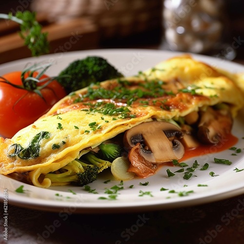 Omelet with mushrooms and vegetables on a black plate