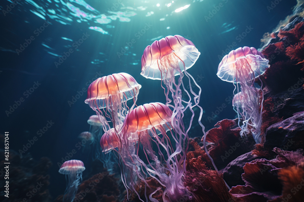 Beautiful yellow, orange jellyfish illuminated by light floating in water in ocean, marine life, AI generative. Beautiful yellow, orange jellyfish illuminated by light floating in water in ocean, marine life, AI generative.