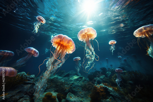 Beautiful yellow, orange jellyfish illuminated by light floating in water in ocean, marine life, AI generative.