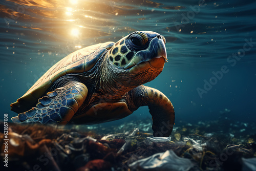 Turtle swimming among trash underwater, plastic waste in sea water, pollution, Garbage problem plastic bottles and microplastics floating in the open ocean, AI Generative. © Viktoriia
