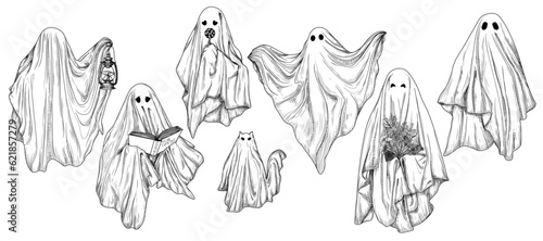 Vector set of 7 different ghosts in engraving style. Ghost with a book, with a lamp, with a bouquet, with a candy, ghost cat