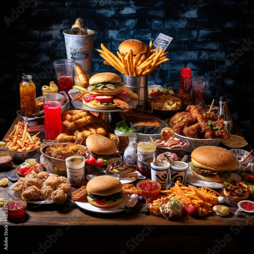 A table full of food including burgers fries wallpaper.Generative Ai content