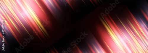 Black wide abstract background with glowing motion red and yellow neon light effect. Vector illustration