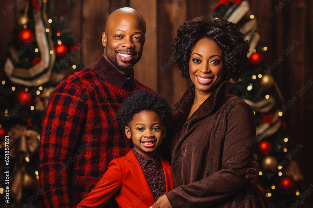 Multi ethnic family portrait for holidays. Smiling family Christmas photography. Generative AI Multi ethnic family portrait for holidays. Smiling family Christmas photography. Generative AI