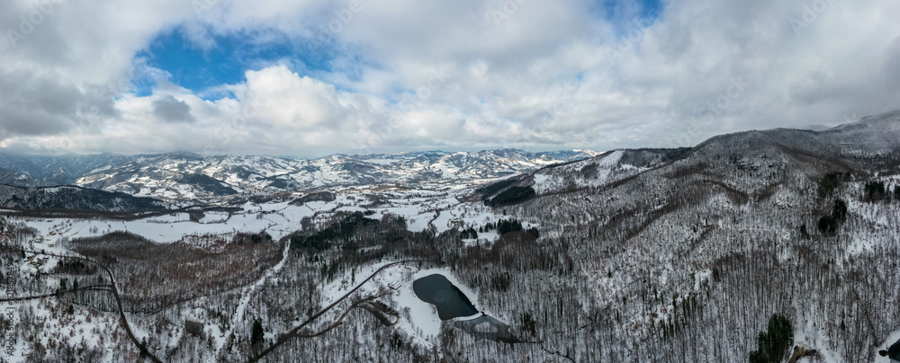 Panoramic view of San Piero in Bagno with snow