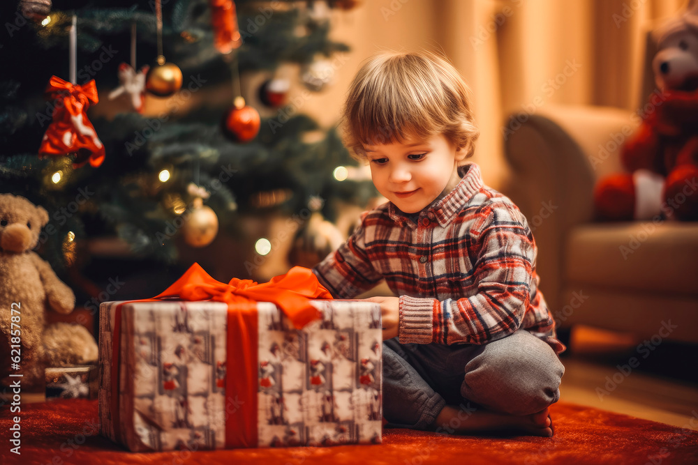 Opening Christmas presents . Little girl sitting on the floor under a tree and opening gift. Generative AI