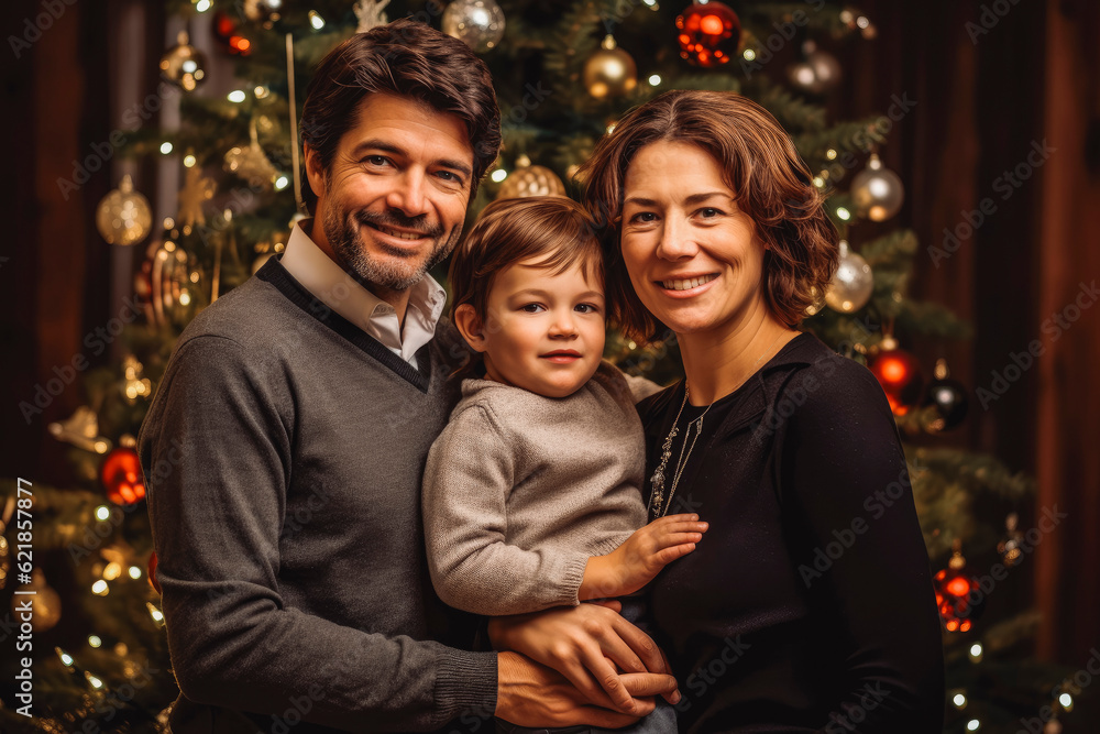 Family portrait at home for holidays. Smiling family Christmas photography. Generative AI