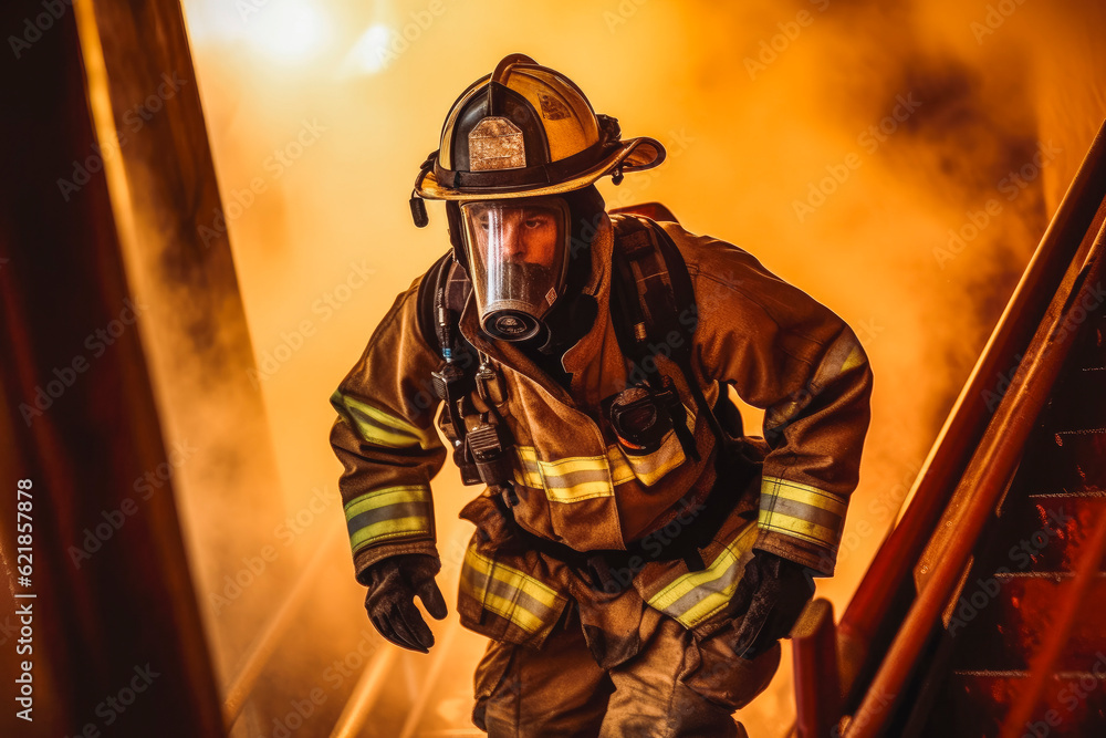 Strong and brave firefighter going up the stairs in burning building. Generative AI