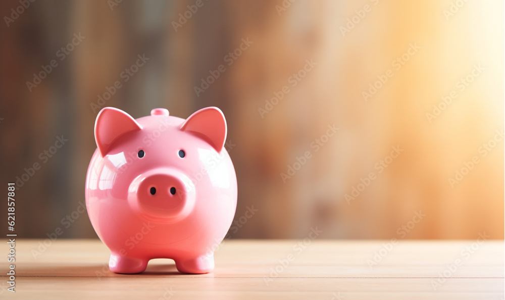 pink piggy bank smiling on wooden table, for saving money wealth, and financial concepts, copy space pink piggy bank smiling on wooden table, for saving money wealth, and financial concepts, copy space
