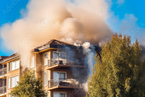 Apartment on fire. Smoke coming out of windows in apartment building. Generative AI