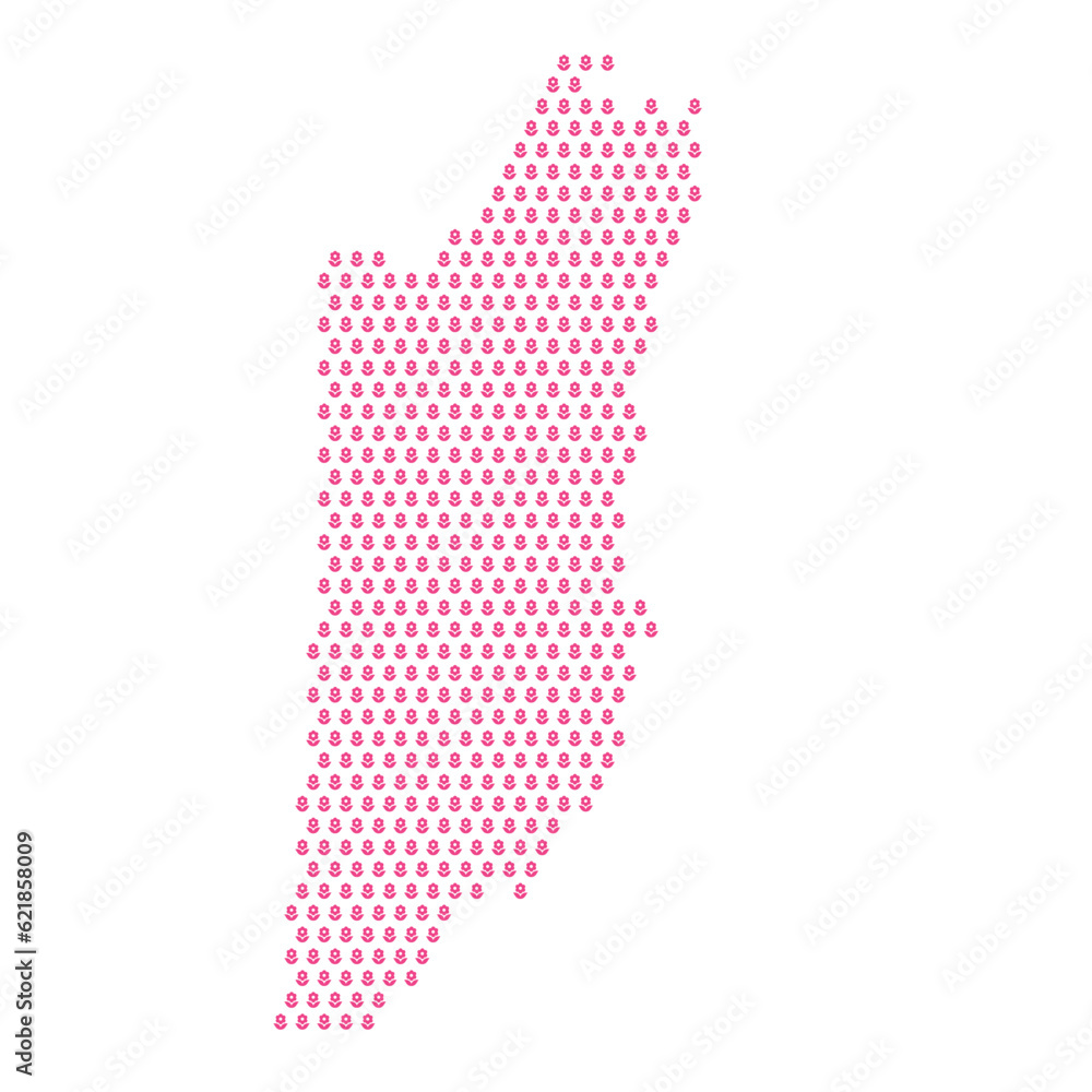 Map of the country of Belize with pink flower icons on a white background