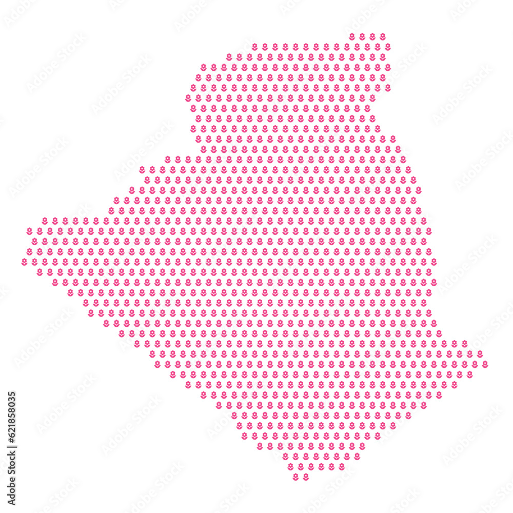 Map of the country of Algeria with pink flower icons on a white background