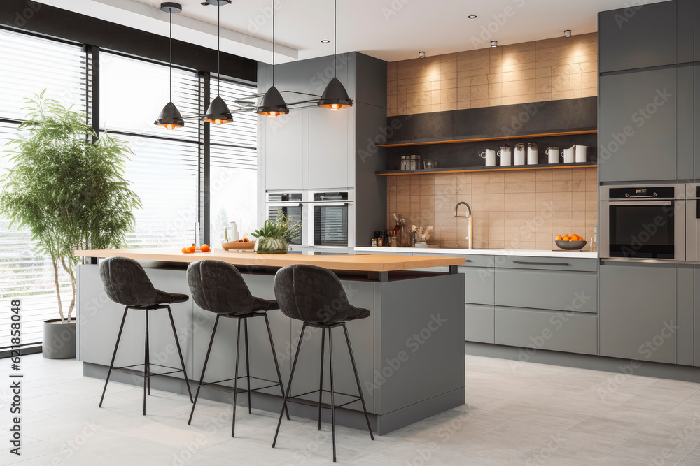 Gray kitchen with bar close up. Modern minimalistic house kitchen interior design. Generative AI
