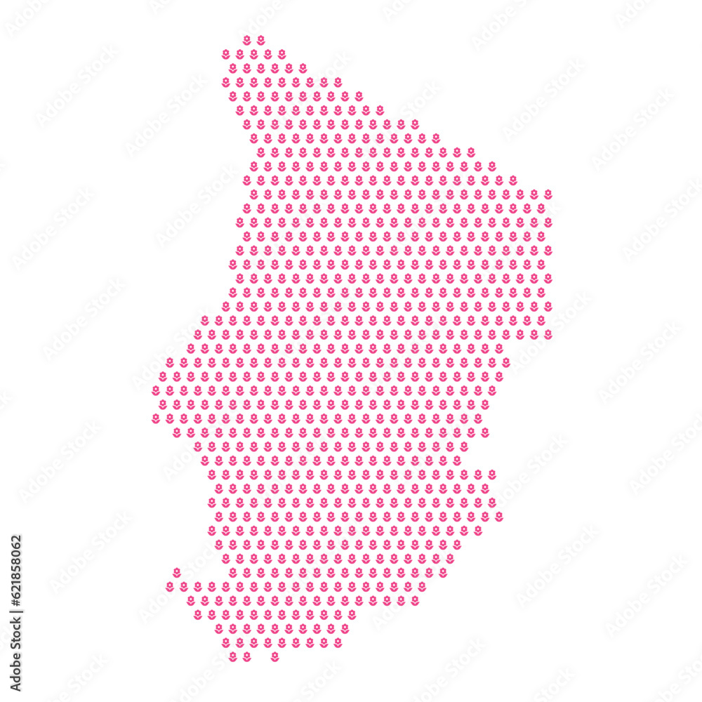 Map of the country of Chad with pink flower icons on a white background
