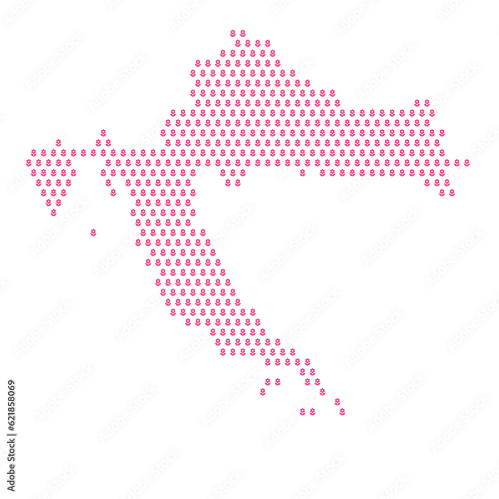 Map of the country of Croatia with pink flower icons on a white background