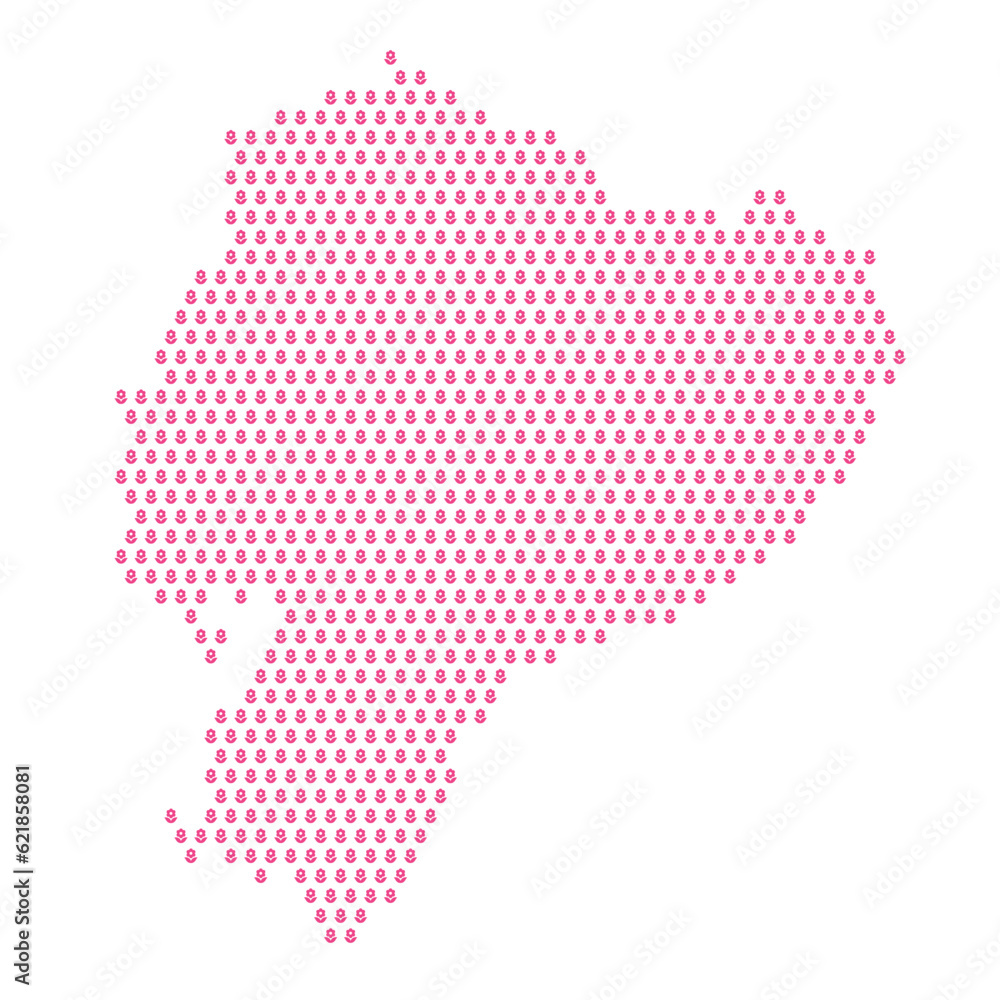 Map of the country of Ecuador with pink flower icons on a white background