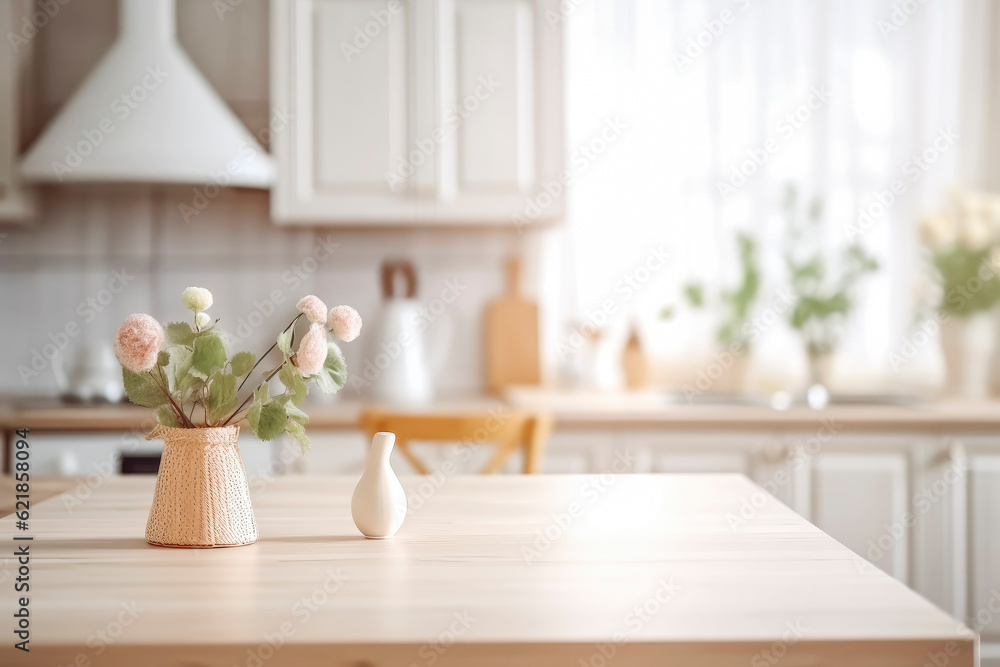 Desk of free space and kitchen interior in blur. Kitchen counter top with minimalistic decoration. Generative AI Desk of free space and kitchen interior in blur. Kitchen counter top with minimalistic decoration. Generative AI