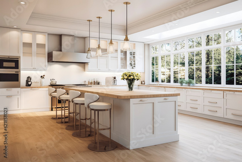 White luxury kitchen with bar and wooden floor. Modern minimalistic house kitchen interior design. Generative AI