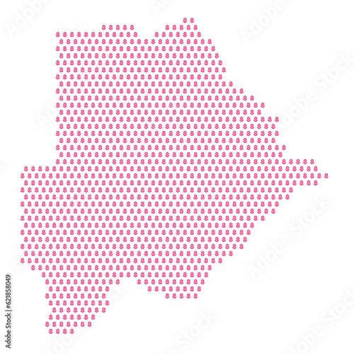 Map of the country of Botswana with pink flower icons on a white background