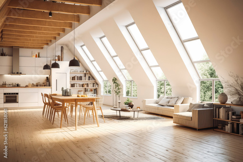New modern scandinavian loft apartment. 3D rendering of beautiful bright interior of apartment. Generative AI © VisualProduction