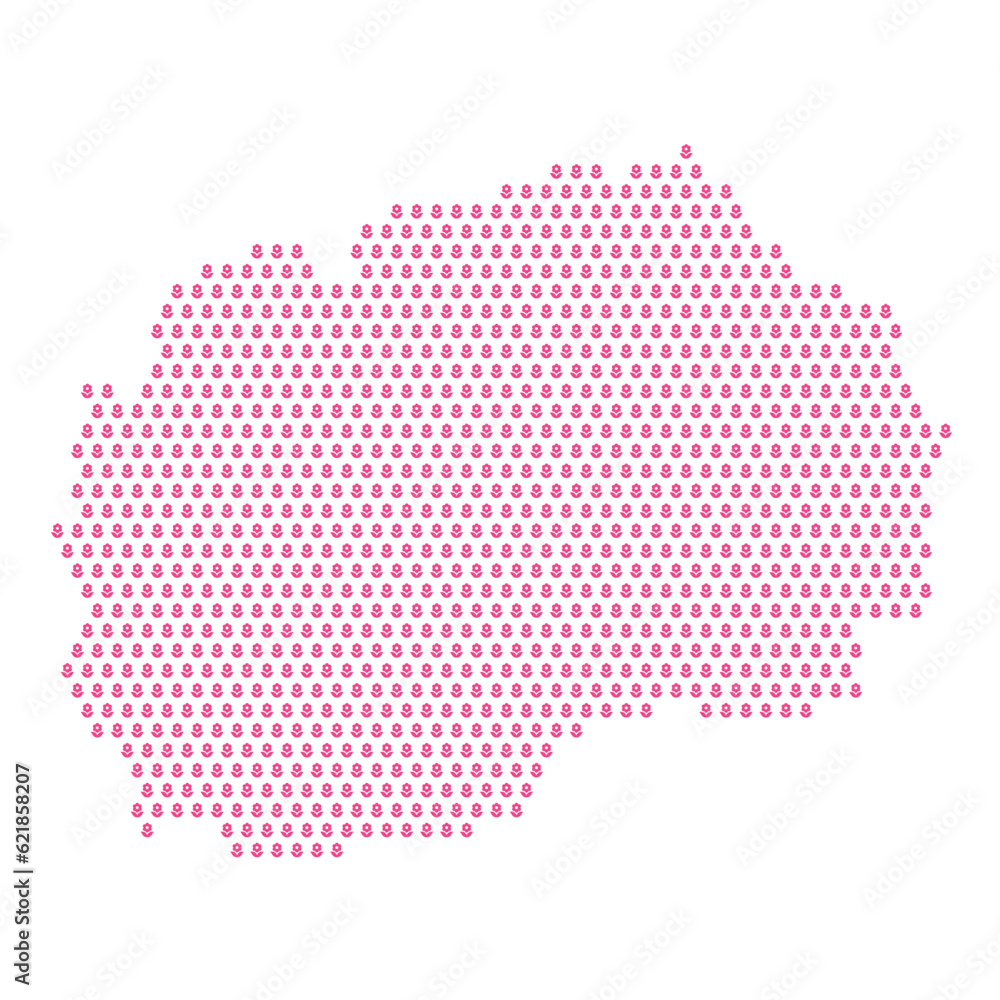 Map of the country of Macedonia with pink flower icons on a white background