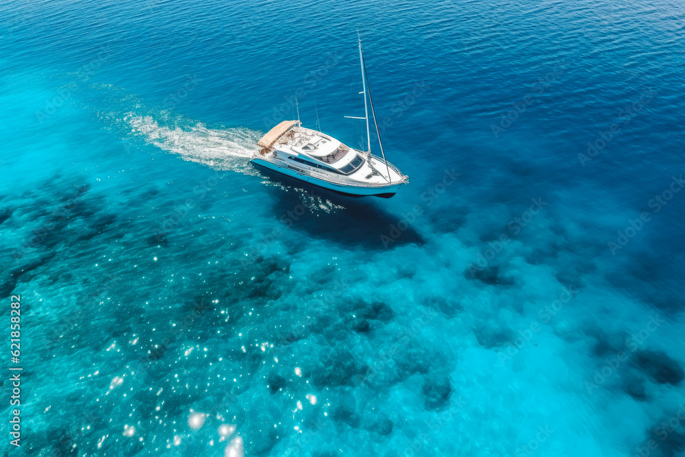Drone view of a boat sailing across clear blue water. Summer vacation and beautiful clear water. Generative AI