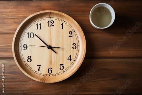 A Clock on a wooden table. AI