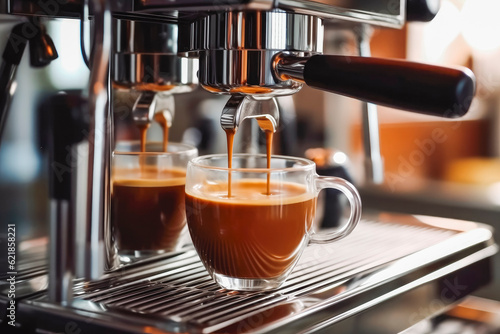 Espresso machine close up shot. Espresso pouring from coffee machine at cafe. Generative AI