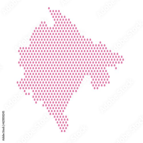 Map of the country of Montenegro with pink flower icons on a white background