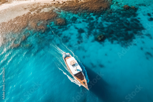 Drone view of a boat sailing across clear blue water. Summer vacation and beautiful clear water. Generative AI © VisualProduction