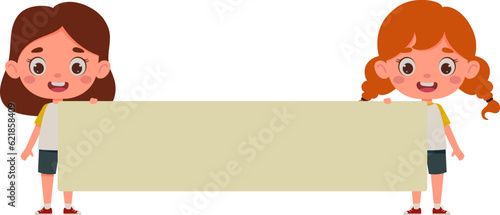 Cute little girls holding an empty banner with place for your text. Template for children design. Cartoon schoolchildren character. Vector illustration