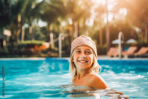 Young tween girl in resort pool portrait. Summer vacation in luxury resort. Generative AI © VisualProduction