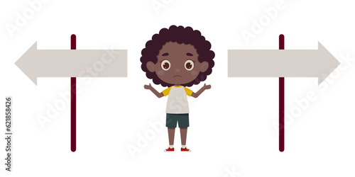 Cute little girl looking at road sign and decide the right way. Template for children design. Cartoon schoolgirl character. Vector illustration